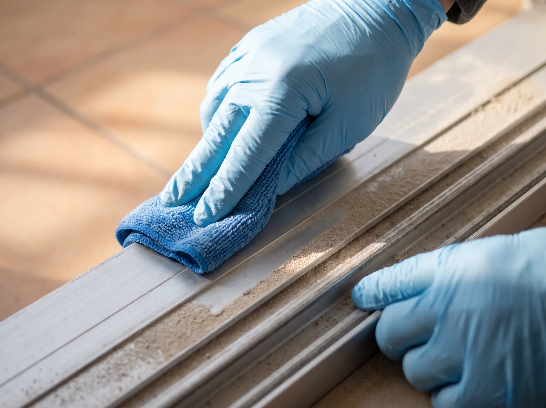 Gloved hands wiping fine dust from a sliding door track