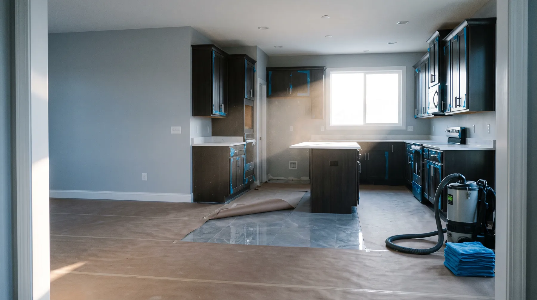 New home interior at finish stage with construction dust on the floor